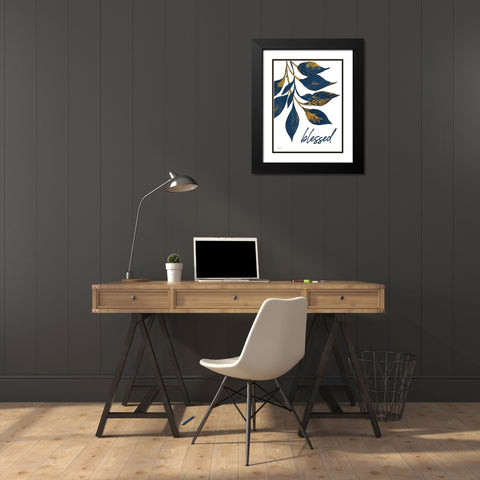 Blessed Navy Gold Leaves Black Modern Wood Framed Art Print with Double Matting by Jacobs, Cindy