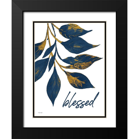 Blessed Navy Gold Leaves Black Modern Wood Framed Art Print with Double Matting by Jacobs, Cindy