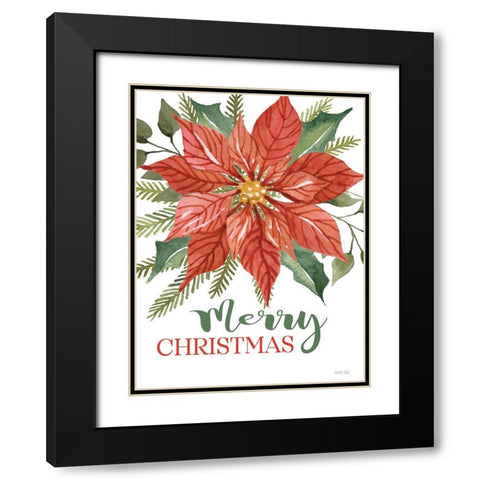 Merry Christmas Poinsettia Black Modern Wood Framed Art Print with Double Matting by Jacobs, Cindy