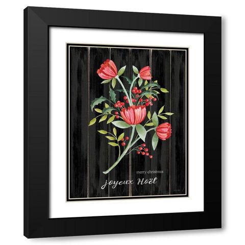 Merry Christmas Floral Black Modern Wood Framed Art Print with Double Matting by Jacobs, Cindy