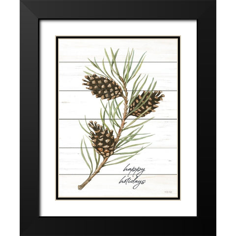 Happy Holidays Pine Cones Black Modern Wood Framed Art Print with Double Matting by Jacobs, Cindy