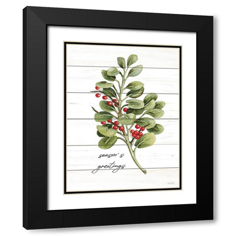 Seasons Greetings Greenery Black Modern Wood Framed Art Print with Double Matting by Jacobs, Cindy