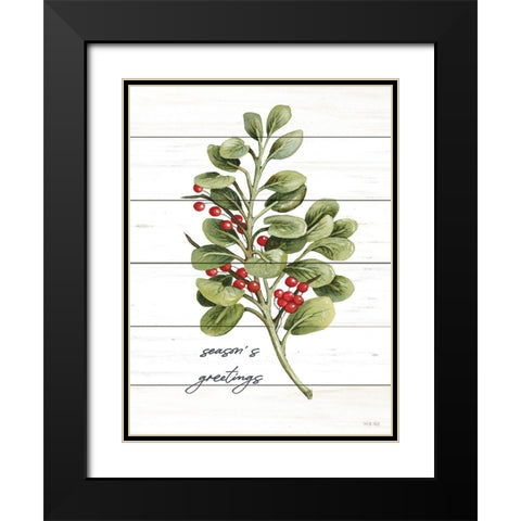 Seasons Greetings Greenery Black Modern Wood Framed Art Print with Double Matting by Jacobs, Cindy