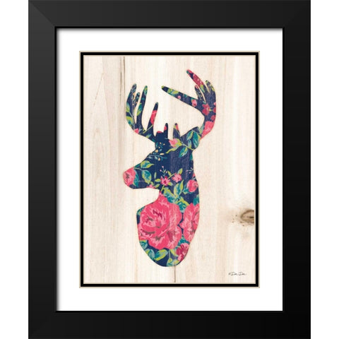 Floral Deer Black Modern Wood Framed Art Print with Double Matting by Dee Dee
