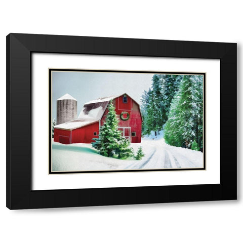 Winter Pines Red Barn Black Modern Wood Framed Art Print with Double Matting by Dogwood Portfolio