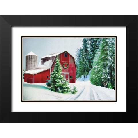 Winter Pines Red Barn Black Modern Wood Framed Art Print with Double Matting by Dogwood Portfolio