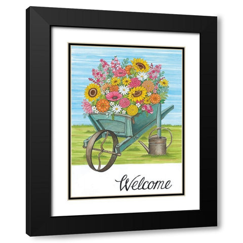 Welcome Wheelbarrow Black Modern Wood Framed Art Print with Double Matting by Deb Strain