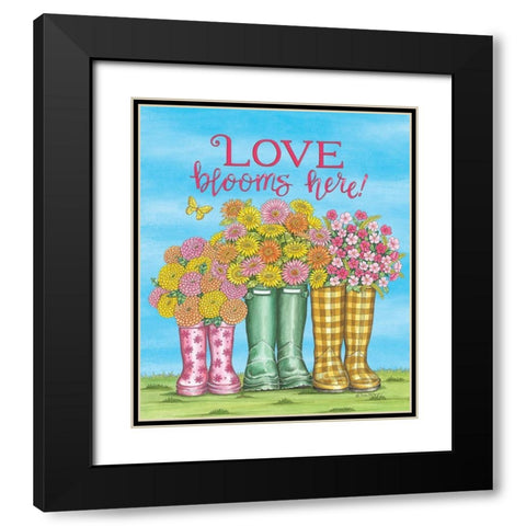 Love Blooms Here Wellies Black Modern Wood Framed Art Print with Double Matting by Strain, Deb