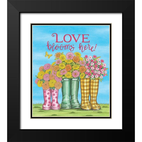 Love Blooms Here Wellies Black Modern Wood Framed Art Print with Double Matting by Strain, Deb
