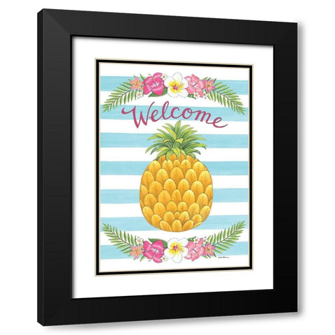 Welcome Tropical Pineapple Black Modern Wood Framed Art Print with Double Matting by Strain, Deb