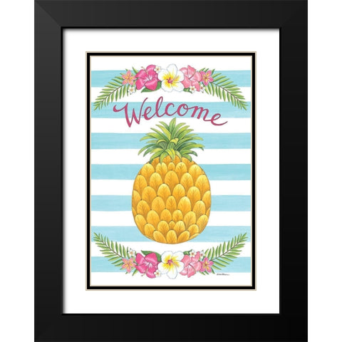 Welcome Tropical Pineapple Black Modern Wood Framed Art Print with Double Matting by Strain, Deb