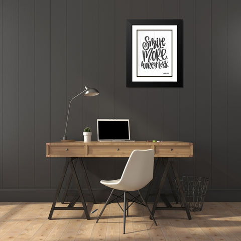 Smile More Worry Less Black Modern Wood Framed Art Print with Double Matting by Imperfect Dust