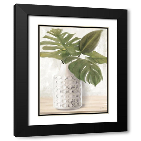 Ivory Monstera Stem Black Modern Wood Framed Art Print with Double Matting by House Fenway