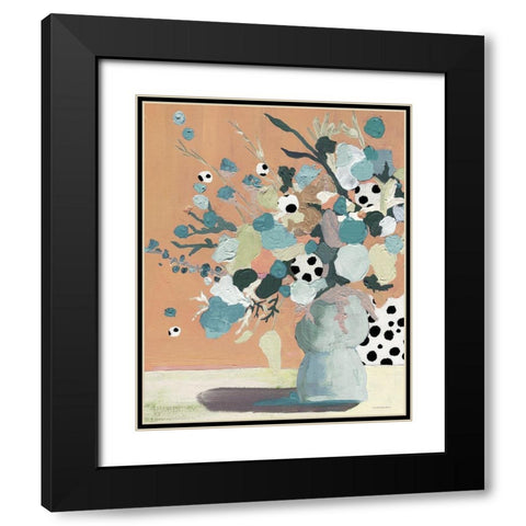 Peach Polka Dot Floral Black Modern Wood Framed Art Print with Double Matting by Kamdon Kreations