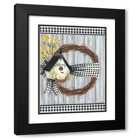 Spring Welcome Wreath Black Modern Wood Framed Art Print with Double Matting by Kennedy, Lisa