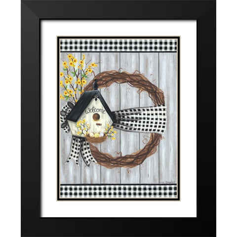 Spring Welcome Wreath Black Modern Wood Framed Art Print with Double Matting by Kennedy, Lisa