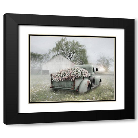Sage Green Truck with  Blush Petunias    Black Modern Wood Framed Art Print with Double Matting by Deiter, Lori