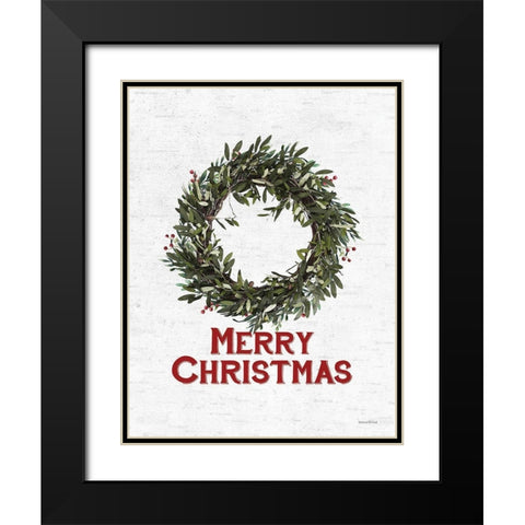 Merry Christmas Wreath Black Modern Wood Framed Art Print with Double Matting by Lettered and Lined
