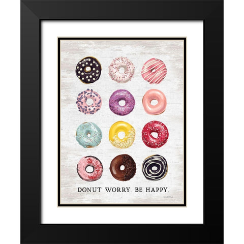 Donut Worry - Be Happy Black Modern Wood Framed Art Print with Double Matting by lettered And lined