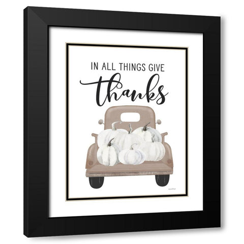 Give Thanks Pumpkin Truck Black Modern Wood Framed Art Print with Double Matting by Lettered And Lined