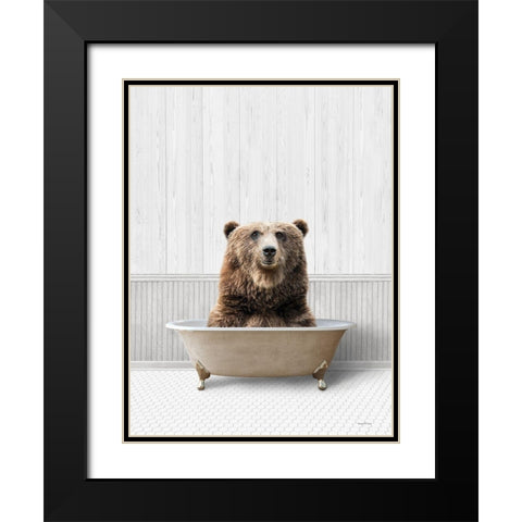 Bath Time Bear  Black Modern Wood Framed Art Print with Double Matting by Lettered And Lined