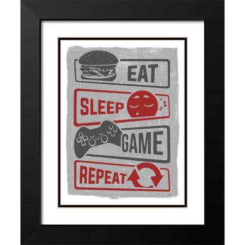 Eat-Sleep-Game-Repeat Black Modern Wood Framed Art Print with Double Matting by Lux + Me Designs