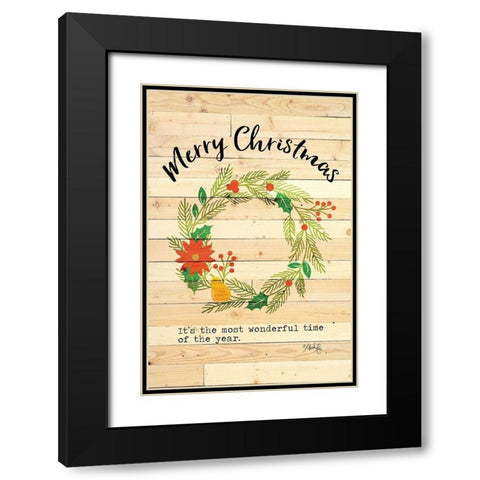 Merry Christmas Wreath Black Modern Wood Framed Art Print with Double Matting by Rae, Marla