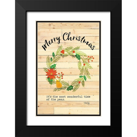 Merry Christmas Wreath Black Modern Wood Framed Art Print with Double Matting by Rae, Marla