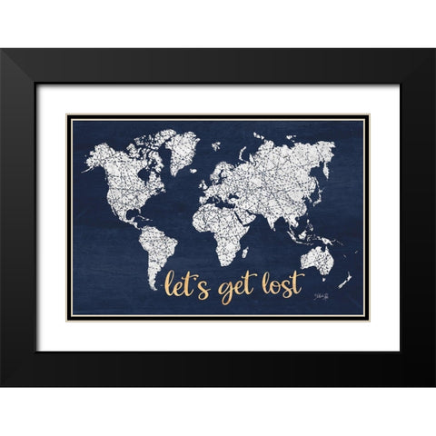 Lets Get Lost World Map Black Modern Wood Framed Art Print with Double Matting by Rae, Marla