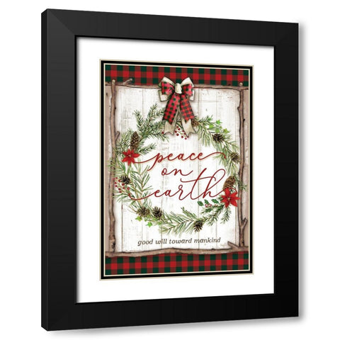 Peace on Earth Buffalo Plaid Black Modern Wood Framed Art Print with Double Matting by Mollie B.