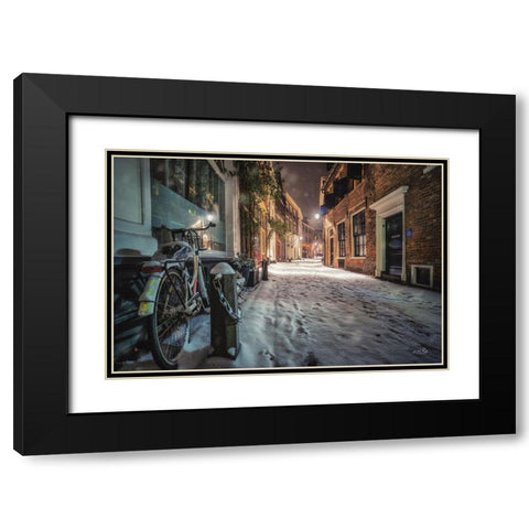 Winter Nighttime Street 1 Black Modern Wood Framed Art Print with Double Matting by Podt, Martin