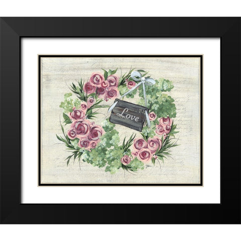 Hydrangea Wreath Green And Pink Black Modern Wood Framed Art Print with Double Matting by Norkus, Julie