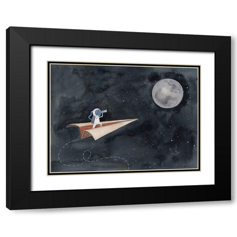 Paper Airplane to the Moon Black Modern Wood Framed Art Print with Double Matting by Nieman, Rachel