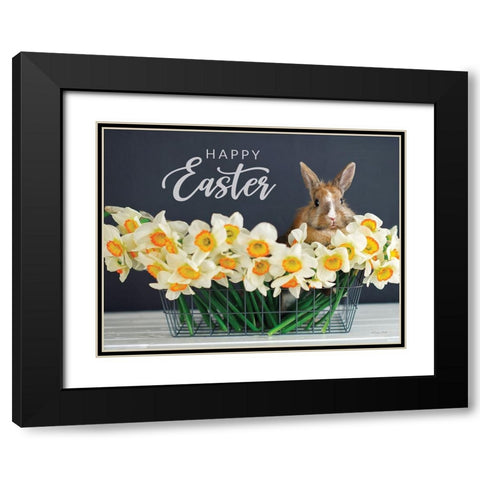 Happy Easter Bunny and Flowers Black Modern Wood Framed Art Print with Double Matting by Ball, Susan