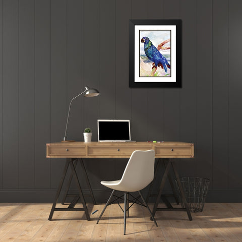 Blue Parrot on Branch 2 Black Modern Wood Framed Art Print with Double Matting by Stellar Design Studio