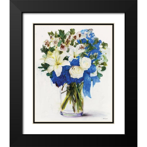 White And Navy Floral Arrangement I Black Modern Wood Framed Art Print with Double Matting by Stellar Design Studio