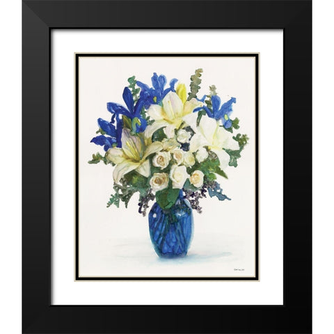 White And Navy Floral Arrangement II Black Modern Wood Framed Art Print with Double Matting by Stellar Design Studio