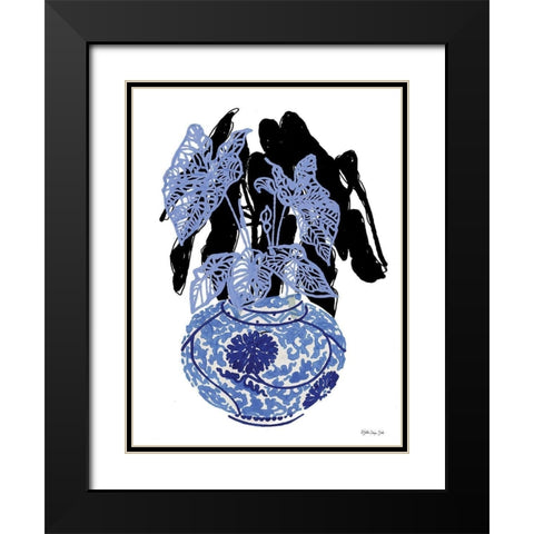 Tropical Plant in Blue Black Modern Wood Framed Art Print with Double Matting by Stellar Design Studio