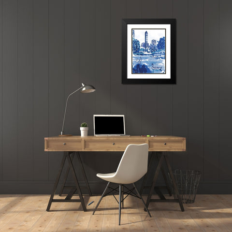 City Pond Black Modern Wood Framed Art Print with Double Matting by Stellar Design Studio