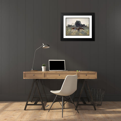 Grazing Cows Black Modern Wood Framed Art Print with Double Matting by Stellar Design Studio