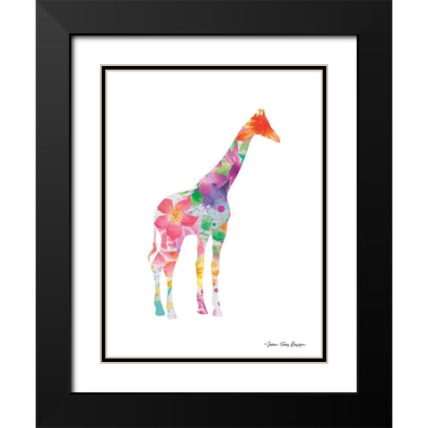 Floral Giraffe Black Modern Wood Framed Art Print with Double Matting by Seven Trees Design