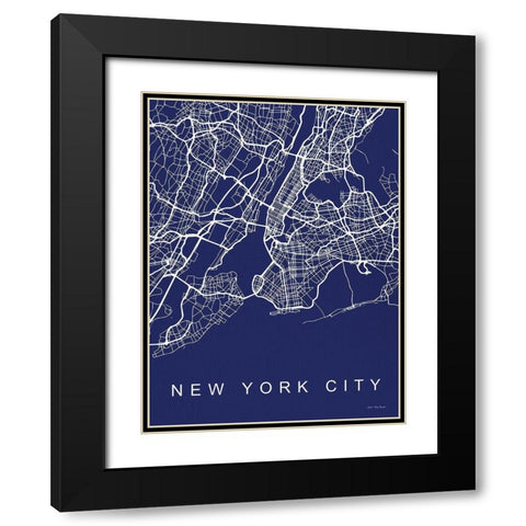 NYC Street Blue Map Black Modern Wood Framed Art Print with Double Matting by Seven Trees Design