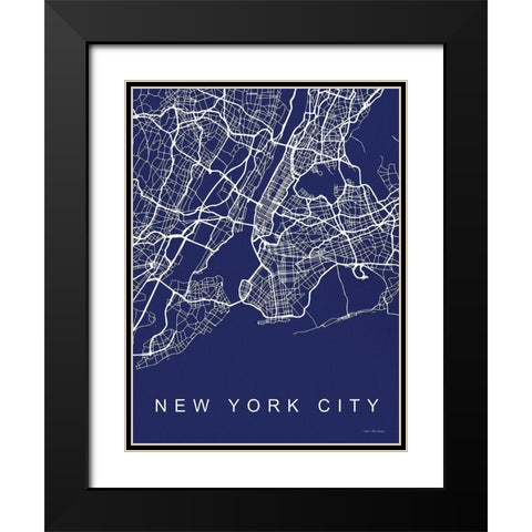 NYC Street Blue Map Black Modern Wood Framed Art Print with Double Matting by Seven Trees Design