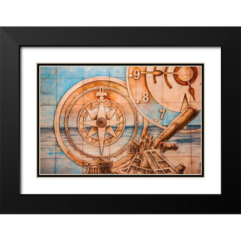 Nile River Expedition-Lower Egypt-Cairo Mural of compass and clock signifying Egypts early advances Black Modern Wood Framed Art Print with Double Matting by Jones, Alison