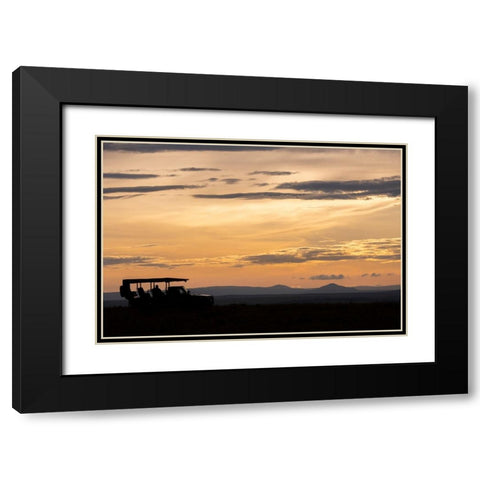 Africa-Kenya-Northern Serengeti Plains-Maasai Mara-Mara sunrise with safari jeep silhouette Black Modern Wood Framed Art Print with Double Matting by Hopkins, Cindy Miller
