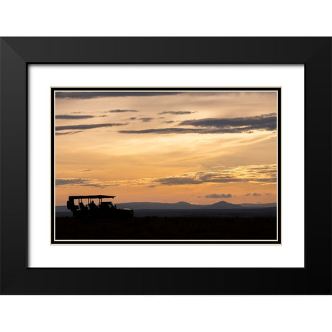 Africa-Kenya-Northern Serengeti Plains-Maasai Mara-Mara sunrise with safari jeep silhouette Black Modern Wood Framed Art Print with Double Matting by Hopkins, Cindy Miller