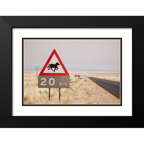 Namibia, Aus Wild horse warning sign Black Modern Wood Framed Art Print with Double Matting by Kaveney, Wendy