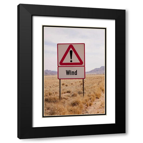 Namibia, Namib Desert Wind caution sign Black Modern Wood Framed Art Print with Double Matting by Kaveney, Wendy