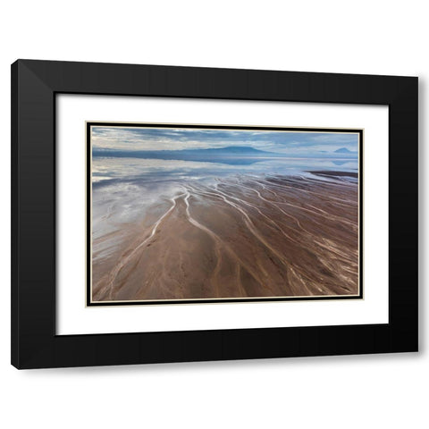Africa-Tanzania-Aerial view of streams winding along shore and distant Ol Doinyo Lengai volcano Black Modern Wood Framed Art Print with Double Matting by Souders, Paul