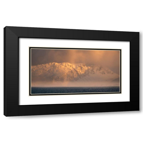 Antarctica-South Georgia Island-Bay of Isles Sunrise panoramic of fog on mountain and ocean  Black Modern Wood Framed Art Print with Double Matting by Jaynes Gallery
